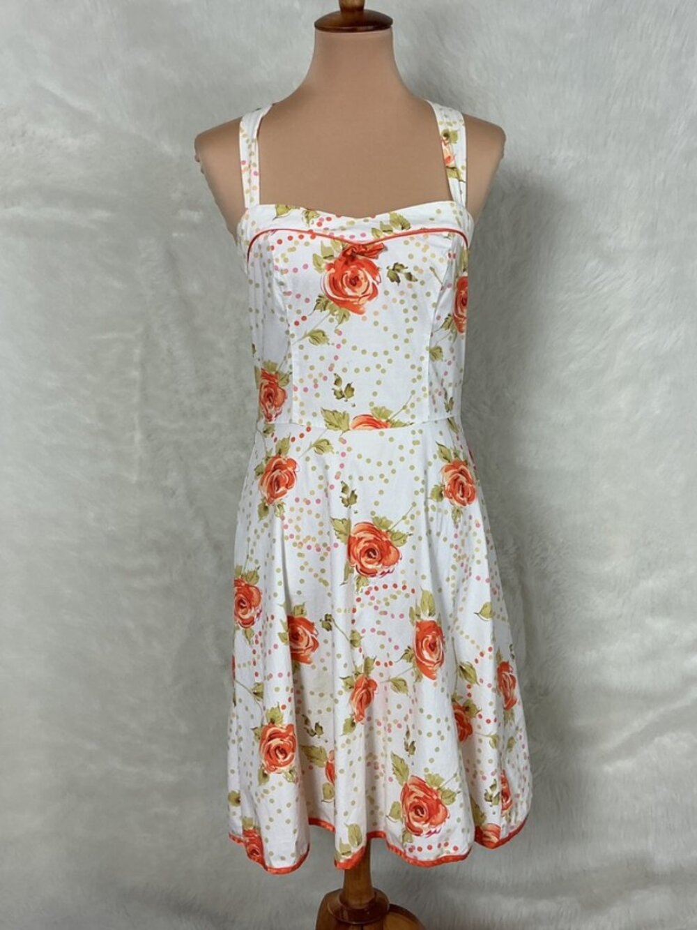 Vintage 90s Rampage Sleeveless Orange, White Floral Polka Dot Retro Mini Dress 9